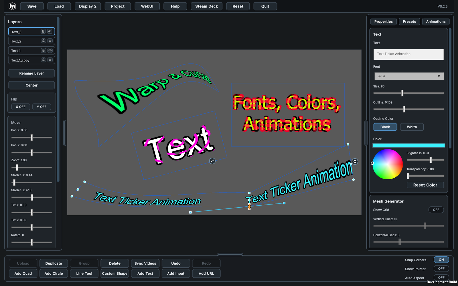 HoloMapper text layer controls and text warping options